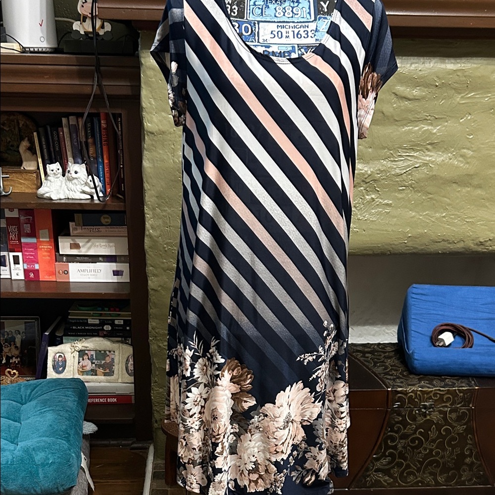 Navy and Peach Striped Floral Midi Dress